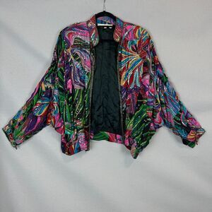 Judith Ann Creations Vintage 100% Silk Sequin Jacket L Multicolor Abstract 80s